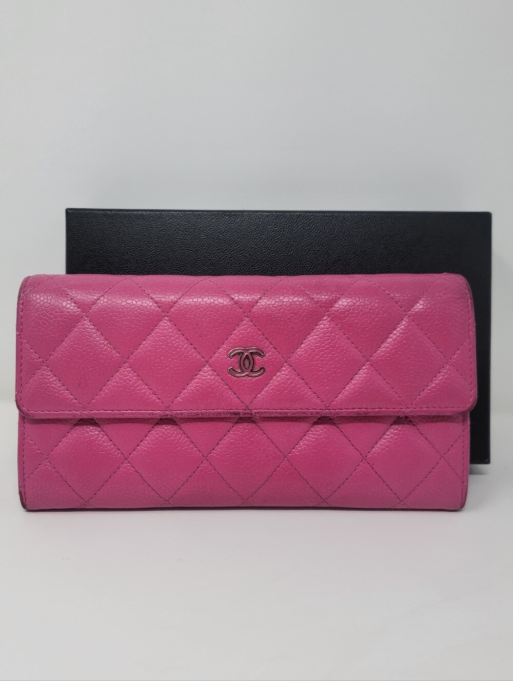 CHANEL CC Logo Quilted Caviar Leather Long Wallet